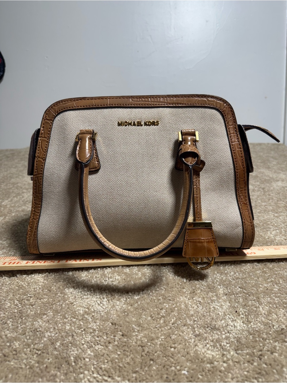 Michael Kors Beige Canvas Satchel with Brown Trim